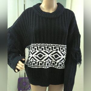 NWT RD STYLE Black & White Geometric Sweater SZ. XL FRINGY SLEEVES THICK KNIT